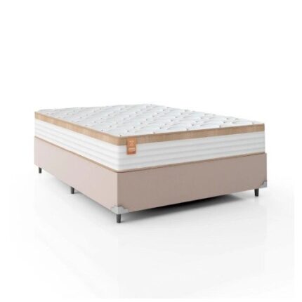 Cama Box Casal Colchão Molas Ensacadas Real 138x188x65cm Branco/Bege – Suporta até 130Kg Por Pessoa